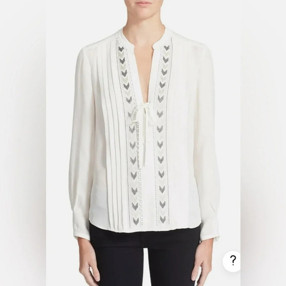 Rebecca Taylor Embroidered Chevron Silk Top Lace Up Neck Long Sleeve Sz 0 *FLAW - Picture 3 of 13